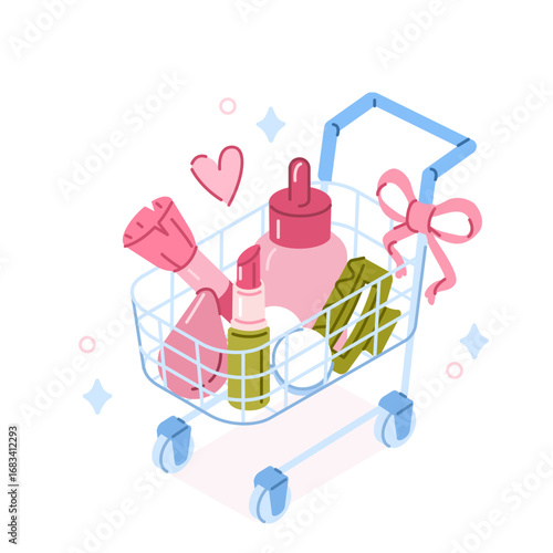 Shopping trolley full of facial serum, hair pin, lipsticks and other hair and skin cosmetic products. Beauty and fashion doodle concept. Vector illustration.
