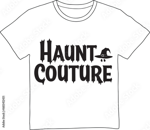 Black and white graphic t shirt with haunt couture text isolated on white background