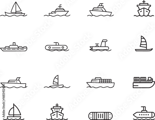 Ship and marine boat set outline style