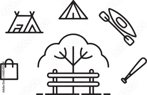 Summer Outdoor Activity Icons, Vector, Simple, Line, Camping, Park, Nature, Sports, Adventure, Travel, Kayaking, Baseball, Forest, Tent, Bench