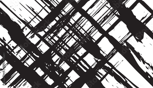 Dynamic black brushstrokes on a white backdrop create an abstract, bold pattern with diagonal lines and textured, chaotic movements, offering a modern artistic vibe