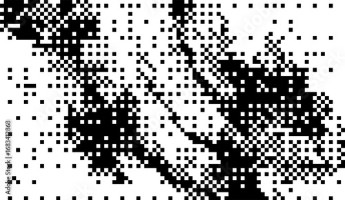 Abstract black and white pixelated pattern creates a modern, digitized visual texture with dynamic shapes and a strong contrast, ideal for minimalist designs and backgrounds