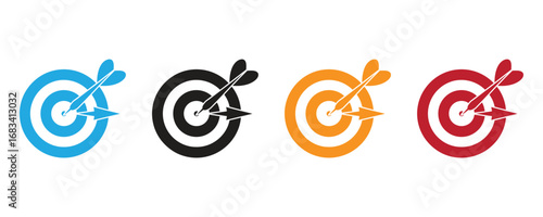 Achieve your business objectives with pinpoint accuracy. This set of vibrant targets with darts hitting the bullseye symbolizes success, focus, and strategic accomplishment.