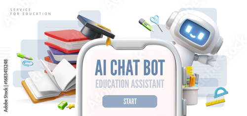 AI Chat bot education assistant. 3D vector landing page design, Chatbot robot study assistance service in smartphone