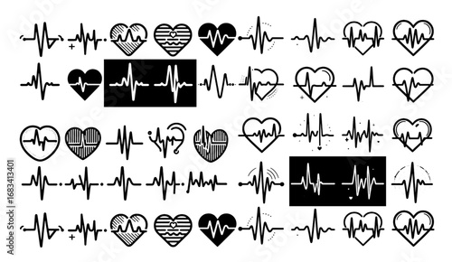 Diverse black heartbeats and hearts vector illustration display an array of heartbeat and heart symbols against a clean white backdrop in a simple, graphic design style