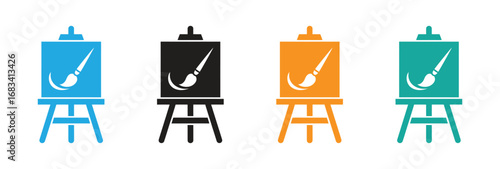 Inspire creativity with these colorful easel icons featuring paintbrushes, perfect for art studios, design projects, and creative workshops.