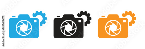 Unlock creative potential with these vibrant camera icons featuring integrated gears, representing precision settings and innovative photographic processes. Perfect for tech and creative industries.