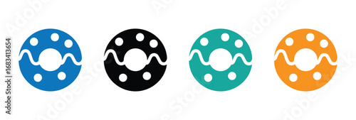 Four eye-catching donut icons in distinct colors, featuring a unique wavy pattern. Ideal for food blogs, branding, and digital interfaces, adding a pop of fun and flavor.