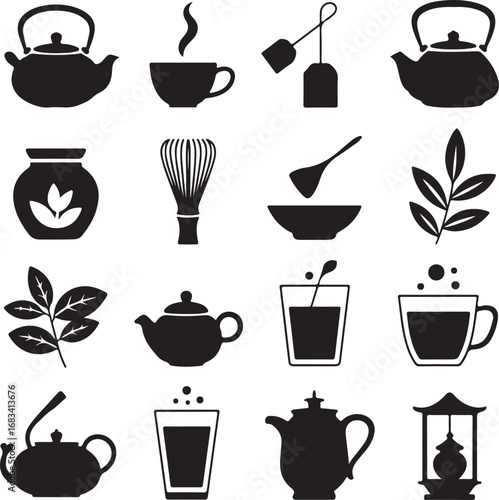 Black and white icons related to tea and tea ceremonies on white background teapot tea bag
