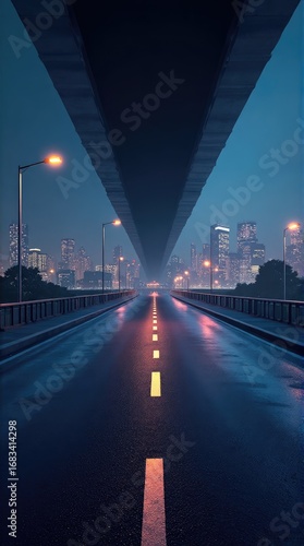 Symmetrical Vanishing Point: A Moody, Wet City Road Under a Concrete Bridge
