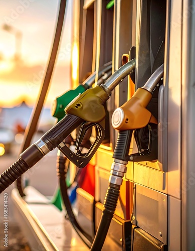 Close-up view of gas pumps at a gas station at sunset, showcasing various colored fuel nozzles and hoses.