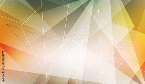 Abstract geometric background features triangles and lines in shades of white, orange, yellow, and green, creating a modern and dynamic polygonal design