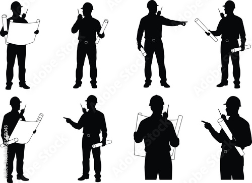 Black silhouette construction worker poses with hard hat, holding blueprints, pointing, supervising, communicating, engineering, planning, safety, teamwork, industrial site, vector