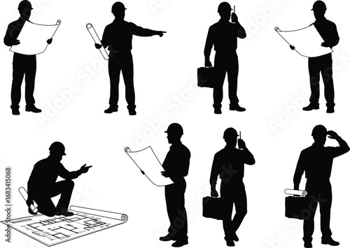 Black silhouette construction workers, engineers, architects, site managers, blueprint planners, hard hat professionals, building inspectors, project supervisors