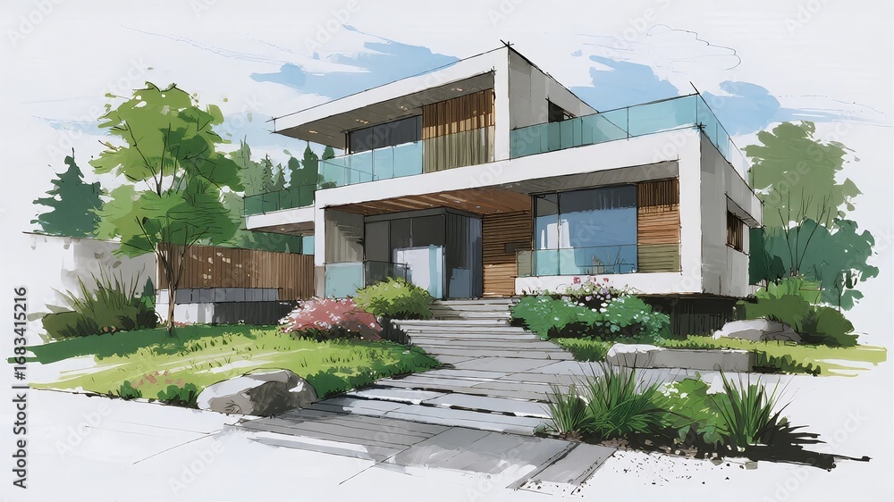 Fototapeta premium Modern Two-Story House with Glass Balcony and Lush Garden