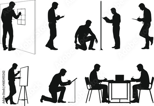 Black silhouette people writing, measuring, working, clipboard, inspection, teamwork, office, engineering, construction, survey, kneeling, standing, table, laptop, technical drawing