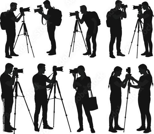 black silhouette photographers with tripods, people taking photos, adjusting cameras, outdoor photography work, travel photo shoot, vector illustration isolated on white background