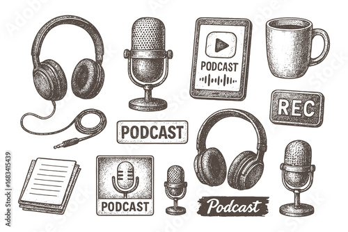 Vintage podcast illustration set including microphones, headphones, and recording tools, retro hand drawn media and audio design.