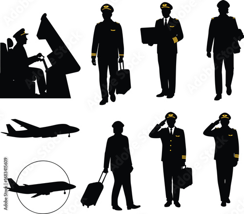 airline pilot silhouette, aviation crew vector, airplane icon, cockpit control, travel luggage, flight captain, airport staff, professional aviator, commercial aircraft, aviation industry illustration