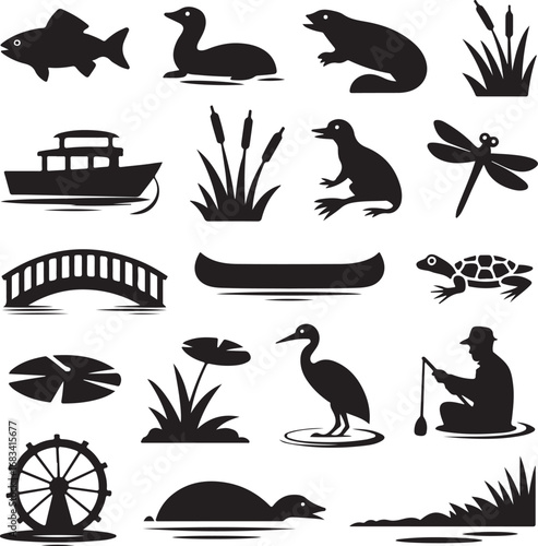 Assorted aquatic and nature elements in silhouette style Keywords: fish, duck, beaver, reeds