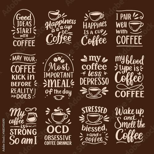 Vintage coffee quotes typography collection with decorative lettering, perfect for café posters, mugs, and retro designs.