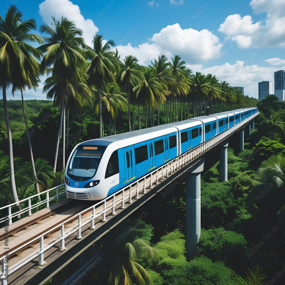 Naklejka premium Modern Metro Train on Elevated Track in Tropical Landscape