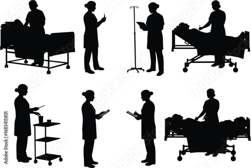 black silhouette medical professionals, doctors and nurses patient care, hospital bed, syringe, clipboard, medical cart, healthcare teamwork, vector cad drawing illustration