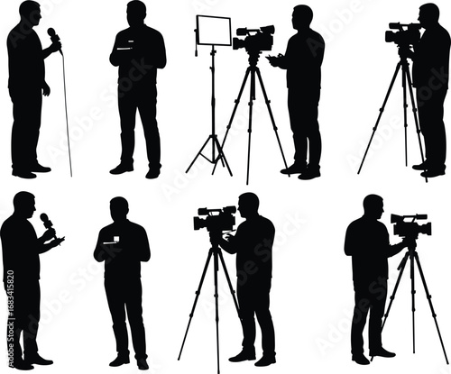 black silhouette people working in video production, cameraman, interviewer, lighting technician, journalism crew, media team, broadcast recording, professional filming, news interview, studio setup
