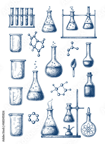 Vintage chemistry glassware set including beakers, flasks, and test tubes, hand drawn science illustration in engraving style.