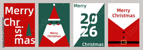 Four minimalist Christmas card designs with a modern, geometric style, featuring Santa Claus, a Christmas tree, the year 2026, and the phrase "Merry Christmas," primarily in red, green, and white.