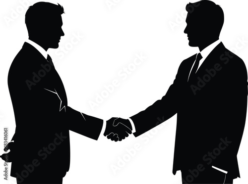 Black silhouette business people shaking hands in formal suits, one with fingers crossed behind back, symbolizing deception, dishonesty, trust issues, corporate agreement illustration