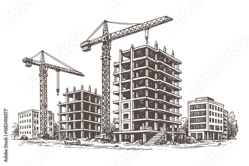 Vintage illustration of construction site with cranes and building structures, hand drawn architecture and engineering sketch.