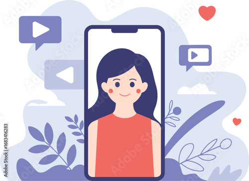 Smartphone with Young Woman Icon Illustration Set on white background