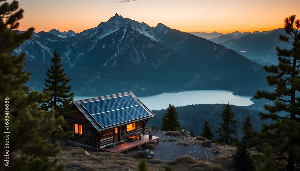 Fototapeta premium Mountaintop cabin with solar panels at sunset over a lake.