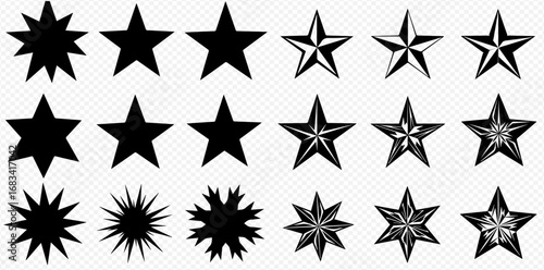 Collection of fifteen star shapes in varying styles and point counts, arranged in a grid pattern.
