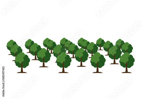 A cluster of cartoonstyle trees with green foliage and brown trunks arranged against a stark white background