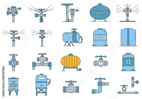 An array of industrial icons shows varied valves tanks and sprinkler designs in a clean simplified style