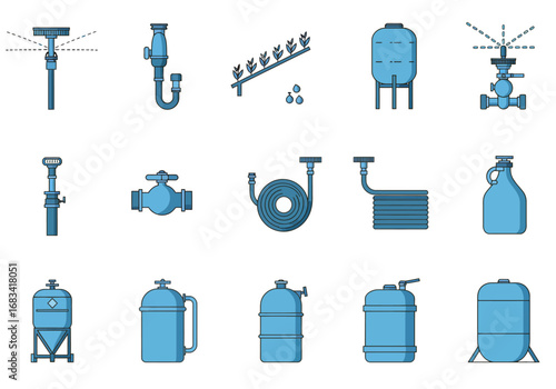Array of fifteen blue irrigation system icons depicting sprinklers hoses tanks and valves