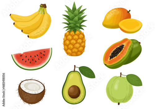 Assorted fruits banana pineapple mango watermelon papaya avocado coconut guava displayed on a white background