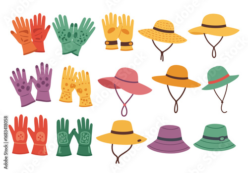 Assorted garden wear displayed pairs of gloves and diverse sun hats