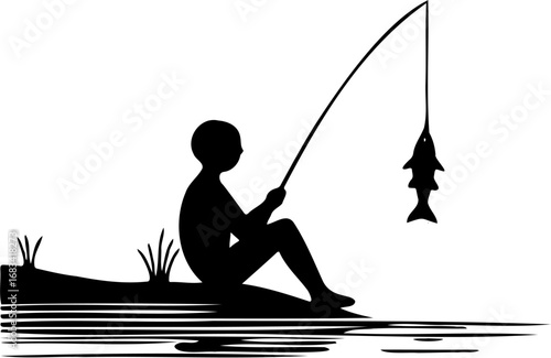 silhouette illustration of a boy sitting by the riverbank while fishing, holding a fishing rod with a fish caught on the line