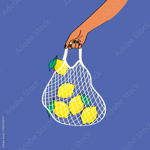 Hand holding eco mesh bag with fresh lemons on blue background. Zero waste concept, healthy eating, and sustainable lifestyle illustration.