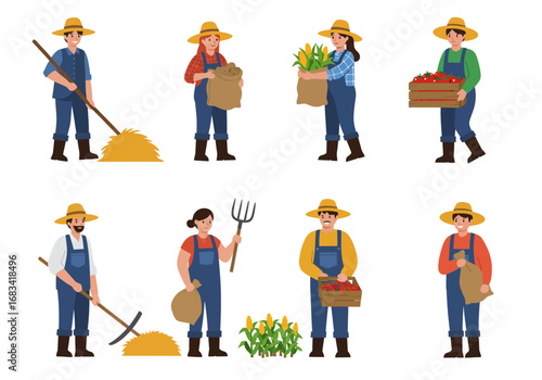 Farmers harvest crops They gather hay corn tomatoes and other produce