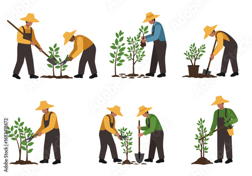 Farmers planting trees in various poses using shovels and shears