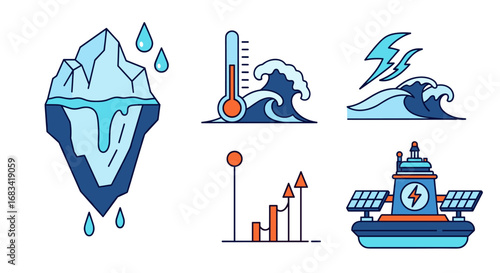 Set of vector line icons depicting climate change effects, including melting glaciers, ocean warming, and weather data graphs