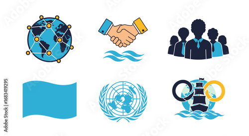 Collection of flat vector icons symbolizing World Maritime Day concepts, including global cooperation and international sea law