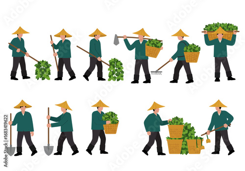 Farmers with tools and crops in various poses and actions