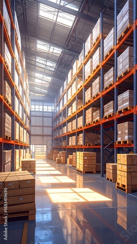 A vast warehouse interior, filled with neatly stacked boxes on metal shelving, is illuminated by sunlight streaming through skylights.