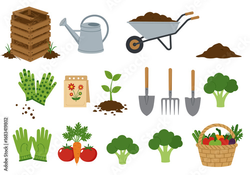 Gardening icons compost bin watering can wheelbarrow tools  harvested crops in a basket