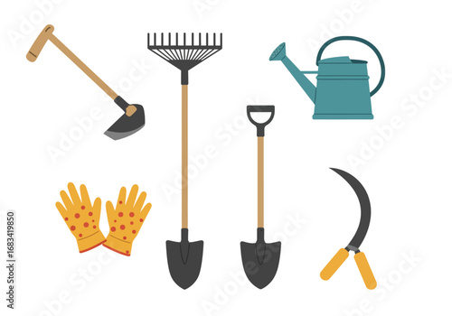 Gardening tools arrayed hoe rake watering can gloves shovel  sickle